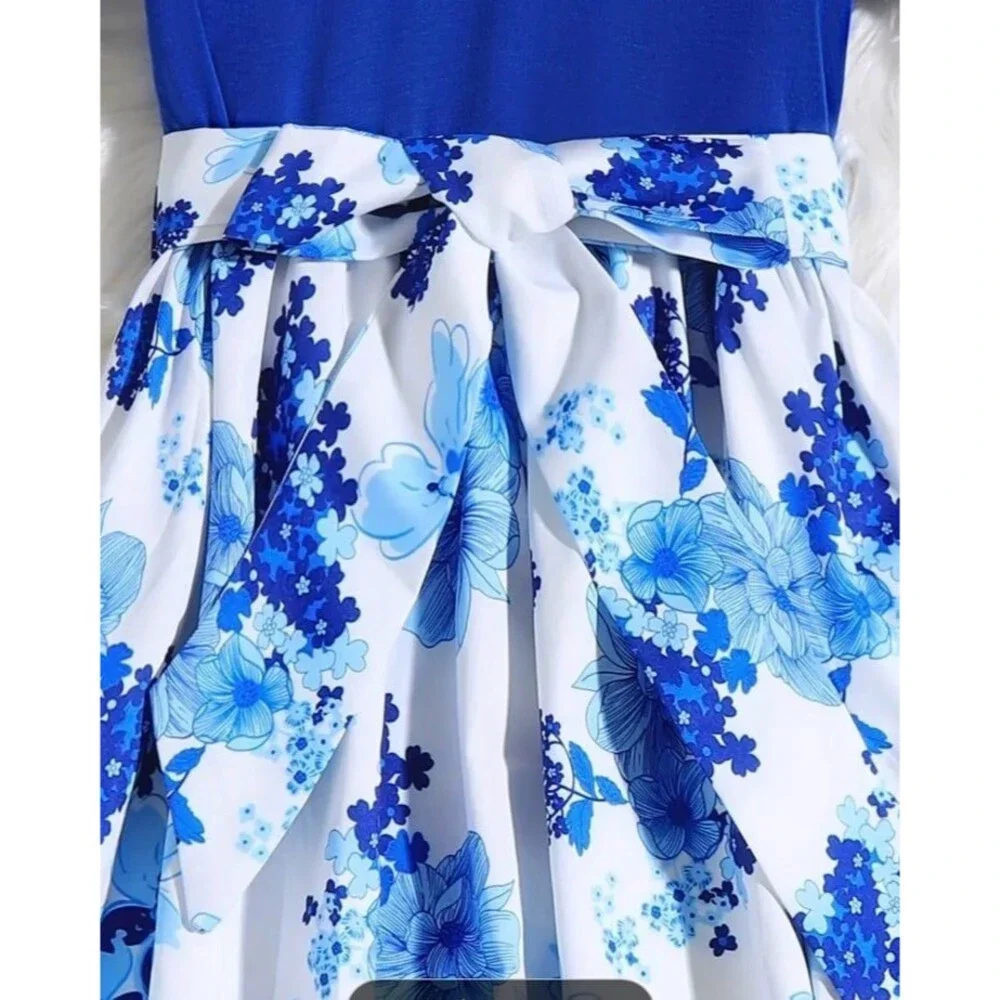 Dress Lovely Blue White Floral Print Crew neck Short Sleeves Bow new